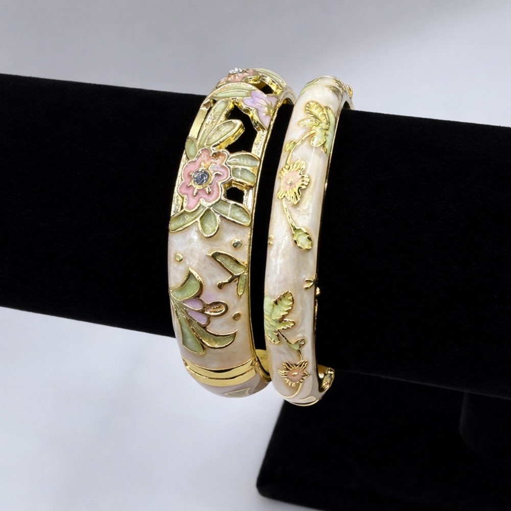 Gold & Ivory Floral Enamel Stackable Bangle Bracelets with Rhinestone Accent - Picture 6 of 6